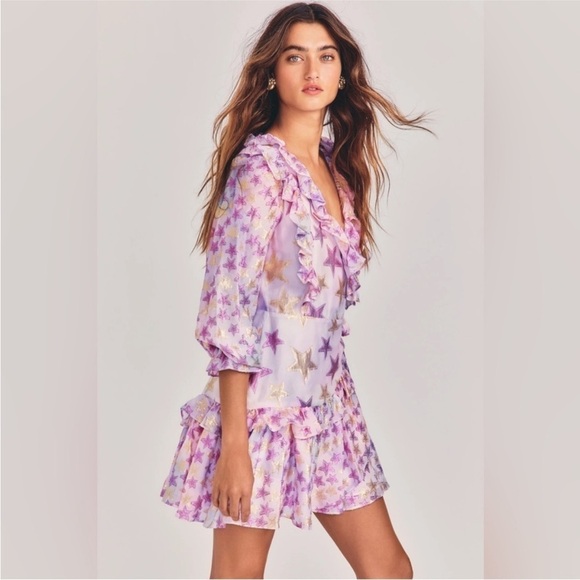 Loveshackfancy-NWT Purple Metallic Star FindlayLongsleeve Ruffle Wrap Mini Dress - Picture 3 of 11